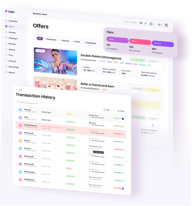Loya rewards management screen with reward cards, tiers and redemption controls
